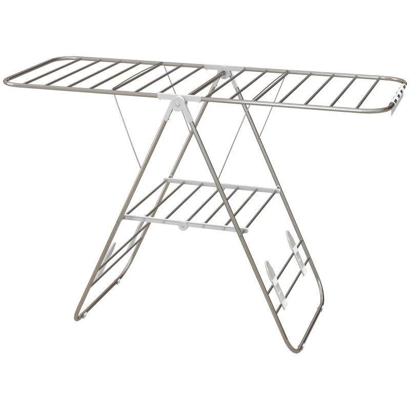 HOMCOM Clothes Drying Rack, 2-Tier Stainless Steel Foldable Laundry Rack with Adjustable Wings and Shoe Holders, Silver