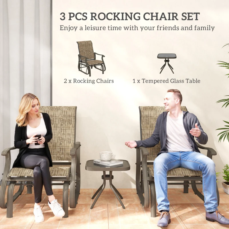 Outsunny 3PCs Gliding Rocking Chair & Bistro Tea Table Set, Brown