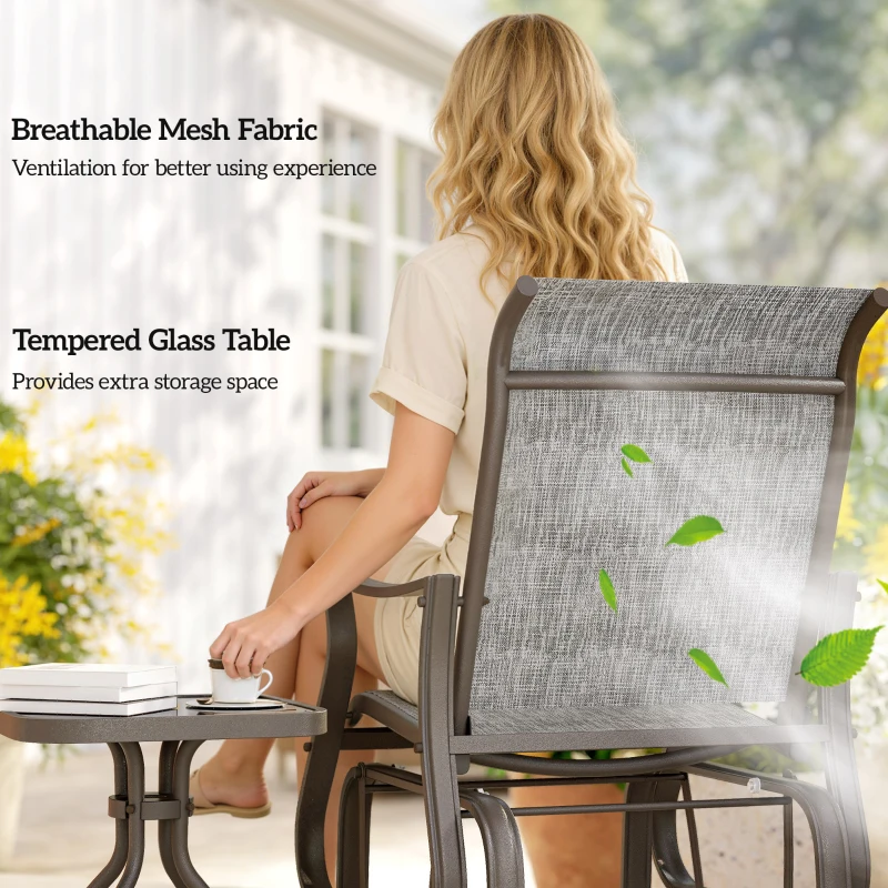 Outsunny 3PCs Gliding Rocking Chair & Bistro Tea Table Set, Grey