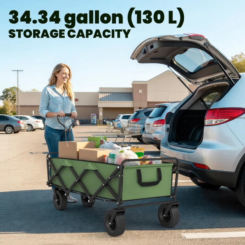 Outsunny 130L Folding Garden Cart with Wheels, Heavy-Duty Collapsible Wagon with Brakes, Green