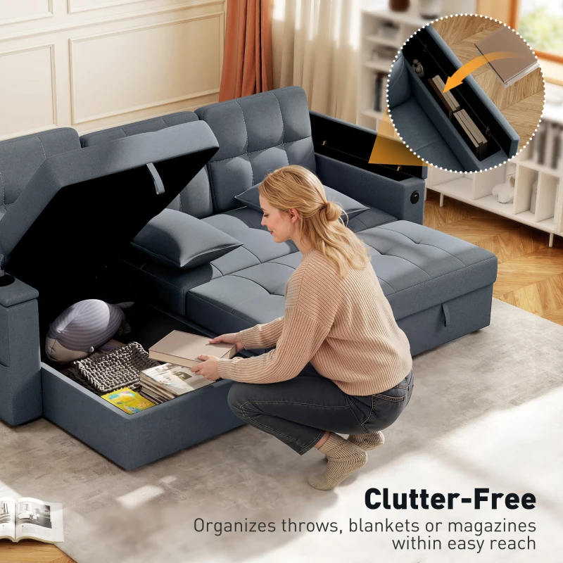 HOMCOM Convertible Sectional Sofa Bed, Pull Out Sleeper Sofa Couch with USB‑A+C, Chaise Storage, L-Shaped Futon Couch, Dark Grey