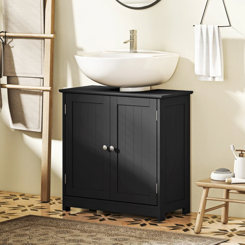 kleankin Pedestal Sink Storage Cabinet, Bathroom Sink Cabinet with U-Shape Cut-Out and Adjustable Shelf, Black