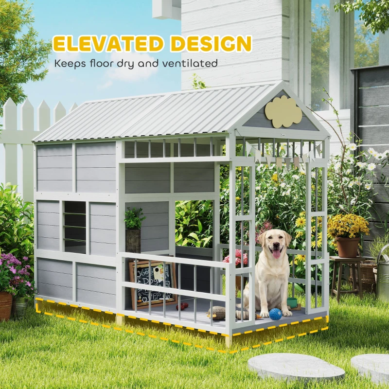 PawHut 79"L Large Dog House Outdoor, Wooden Dog Kennel with Porch, Storage Cabinet,Weatherproof Roof, Windows