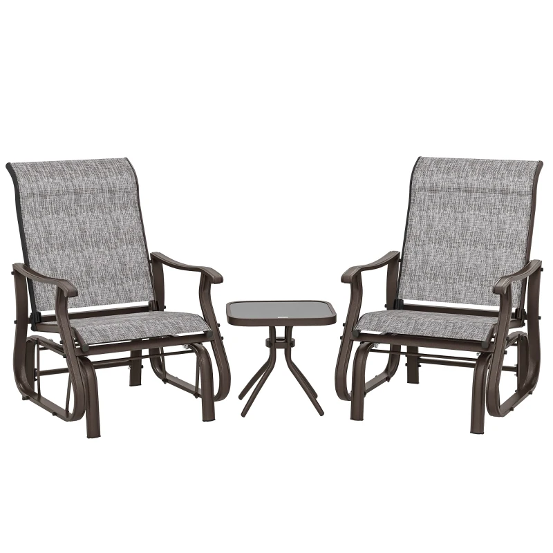 Outsunny 3PCs Gliding Rocking Chair & Bistro Tea Table Set, Grey