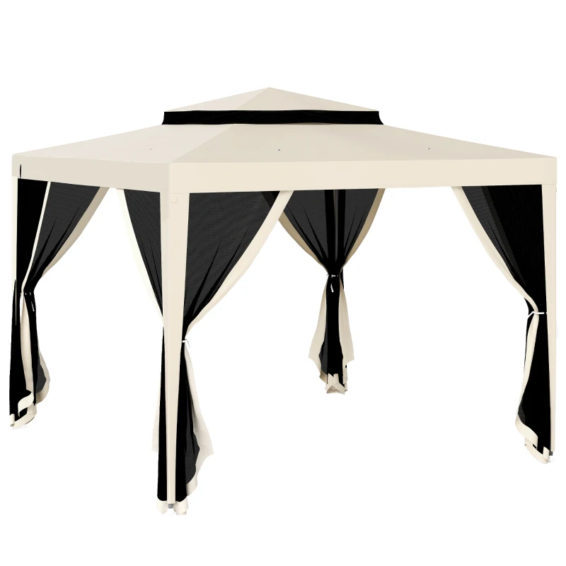 Outsunny 10' x 10' Outdoor Canopy Tent Party Tent with Mesh Netting and Double Tier Roof for Backyard, Garden, Patio, Beige