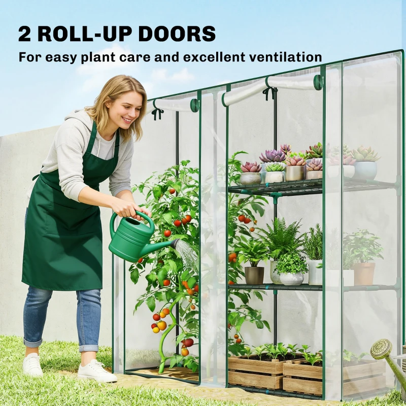Outsunny Mini Greenhouse, Portable Greenhouse with 3 Shelves, 2 Roll-up Doors, 56.3" x 17.7" x 59.4", Clear