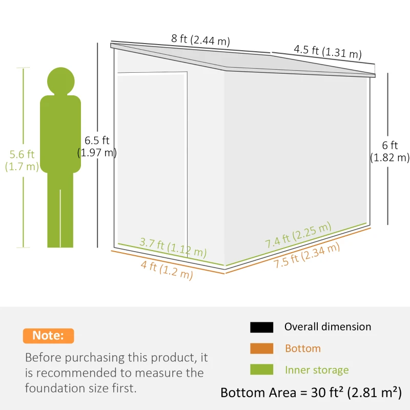 Outsunny 4.3' x 8' Outdoor Storage Shed with Floor, Garden Shed with Lockable Doors and Windows, Dark Grey
