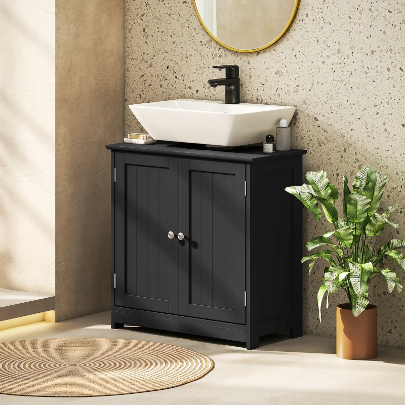 kleankin Pedestal Sink Storage Cabinet, Bathroom Sink Cabinet with U-Shape Cut-Out and Adjustable Shelf, Black