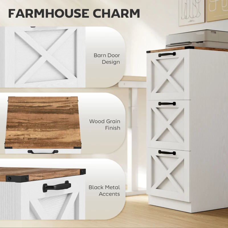 HOMCOM 3 Drawer File Cabinet with Silent Slides, Vertical Farmhouse Filing Cabinet Fits Letter/A4 Size Home Office, White