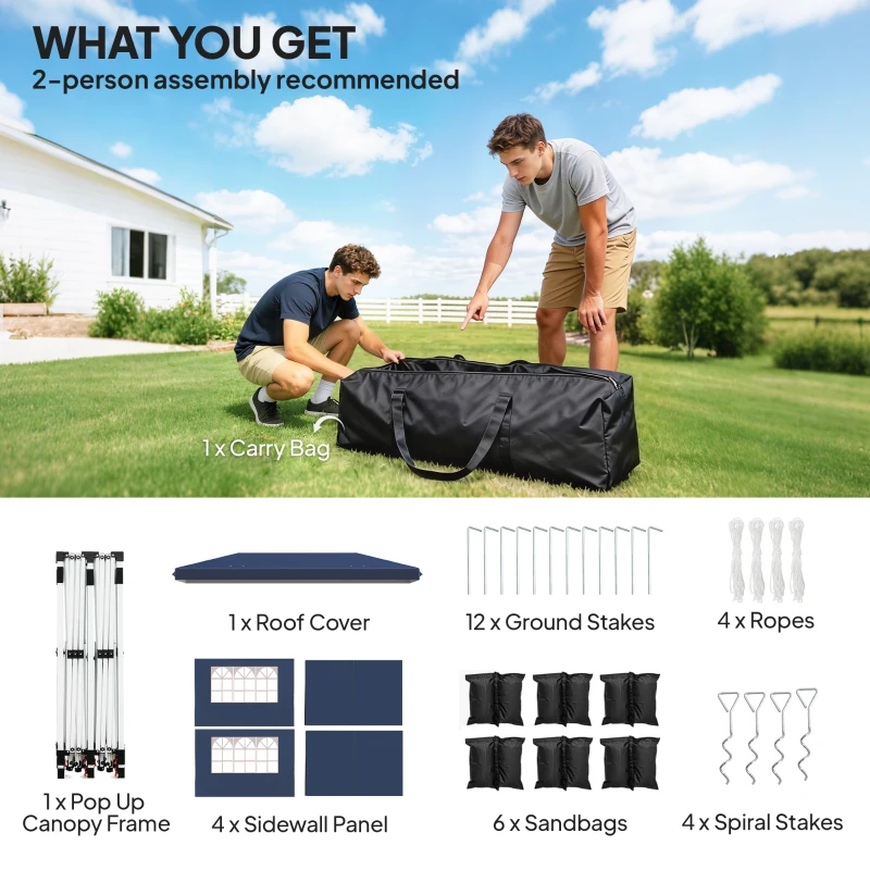 Outsunny 10 x 20 ft Pop Up Canopy Tent with Reflective Strips, UPF 50+ Easy up Instant Canopy with 6 Sanbags, Dark Blue