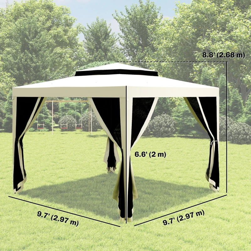 Outsunny 10' x 10' Outdoor Canopy Tent Party Tent with Mesh Netting and Double Tier Roof for Backyard, Garden, Patio, Cream White