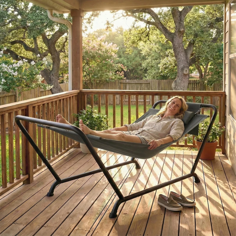 Outsunny Outdoor Hammock with Stand Heavy Duty Freestanding Nap Bed with Side Pocket Headrest for Yard Patio Pool, Dark Grey
