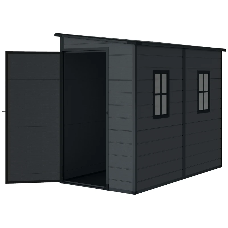 Outsunny 4.3' x 8' Outdoor Storage Shed with Floor, Garden Shed with Lockable Doors and Windows, Dark Grey
