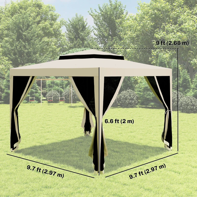Outsunny 10' x 10' Outdoor Canopy Tent Party Tent with Mesh Netting and Double Tier Roof for Backyard, Garden, Patio, Beige