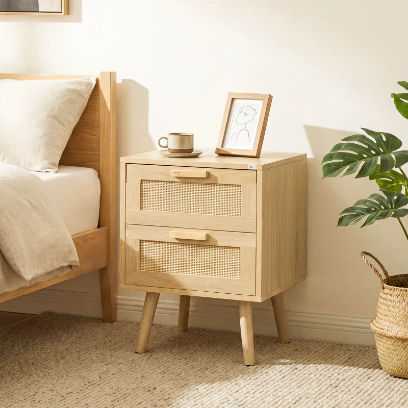 HOMCOM Boho Design Nightstand Set of 2, Side End Table with 2 Drawers for Living Room, Bedroom