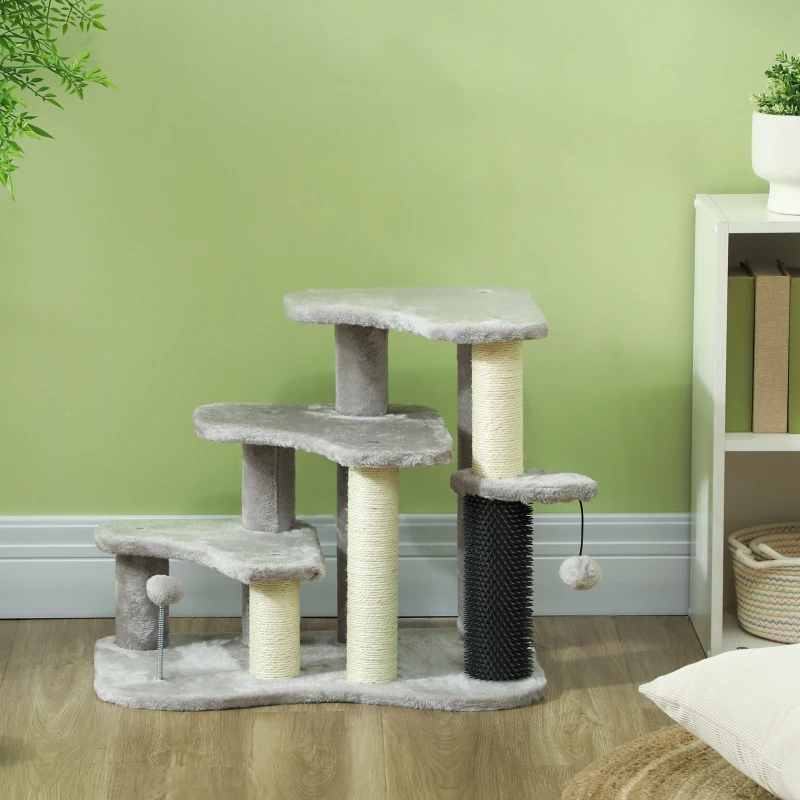 PawHut 2 in 1 Cat Tree Tower 3-Step Pet Stairs with Scratching Posts, Tickling Post, Toy Balls, for High Beds, Couch