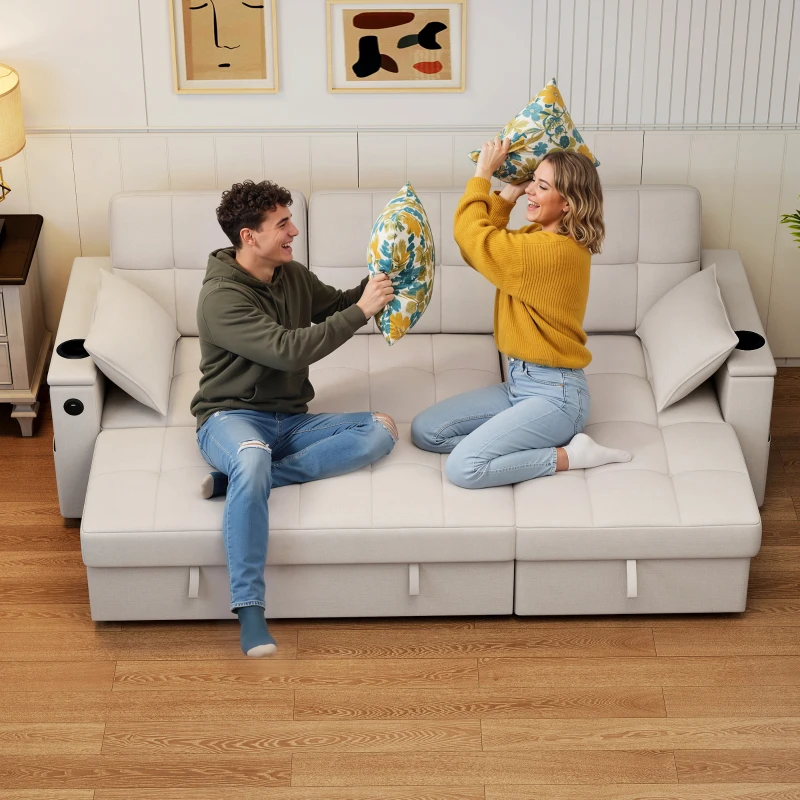 HOMCOM Convertible Sectional Sofa Bed, Pull Out Sleeper Sofa Couch with USB‑A+C, Chaise Storage, L-Shaped Futon Couch, Beige