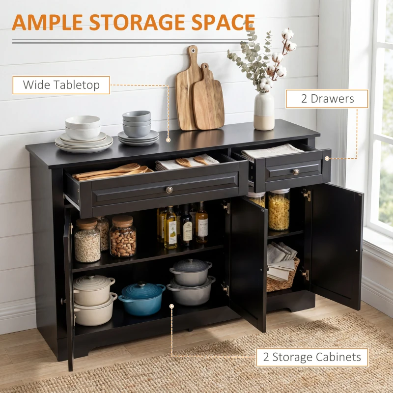 HOMCOM Modern Sideboard Cabinet, Buffet Cabinet with 2 Drawers and Adjustable Shelves, Buffets Tables for Dining Room, Black