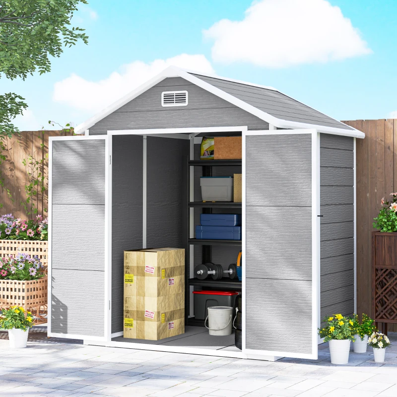 Outsunny 6' x 5' Plastic Outdoor Storage Shed, Garden Shed with Floor, Window, Lockable Doors and Vents, Wood Effect Grey