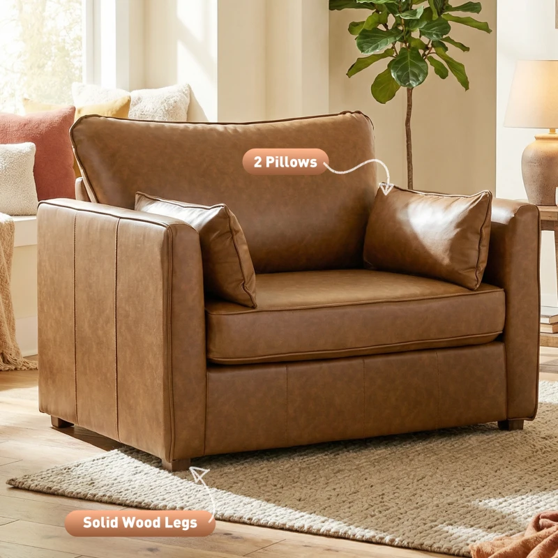 HOMCOM Accent Chair, PU Leather Armchair with Wide Seat, Spring Cushion, Rubberwood legs, 2 Pillows, Brown