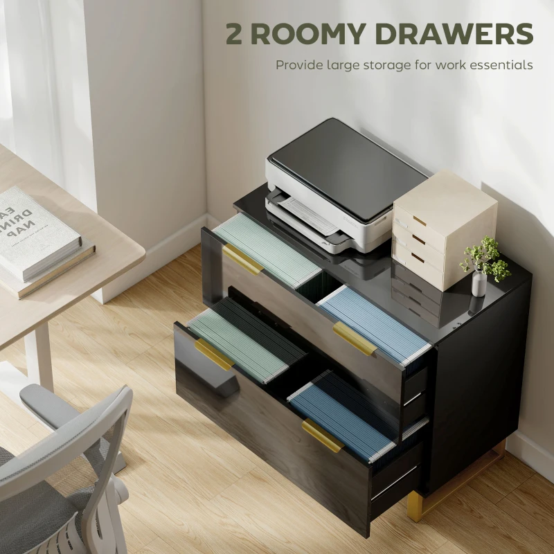 HOMCOM Lateral File Cabinet with 2 Drawers, Modern Filing Cabinet for Letter/A4/Legal Size Files, High Gloss Black