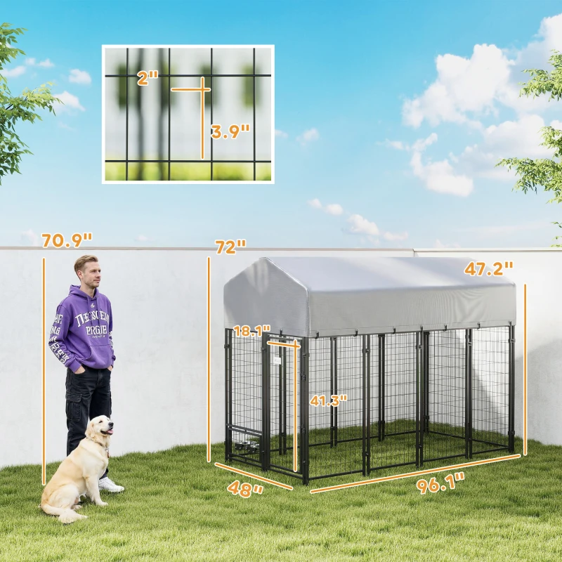 PawHut 8' x 4' x 6' Outdoor Dog Kennel, Dog Kennel Outside Run with 360° Rotating Bowls, Waterproof & UV Resistant Cover