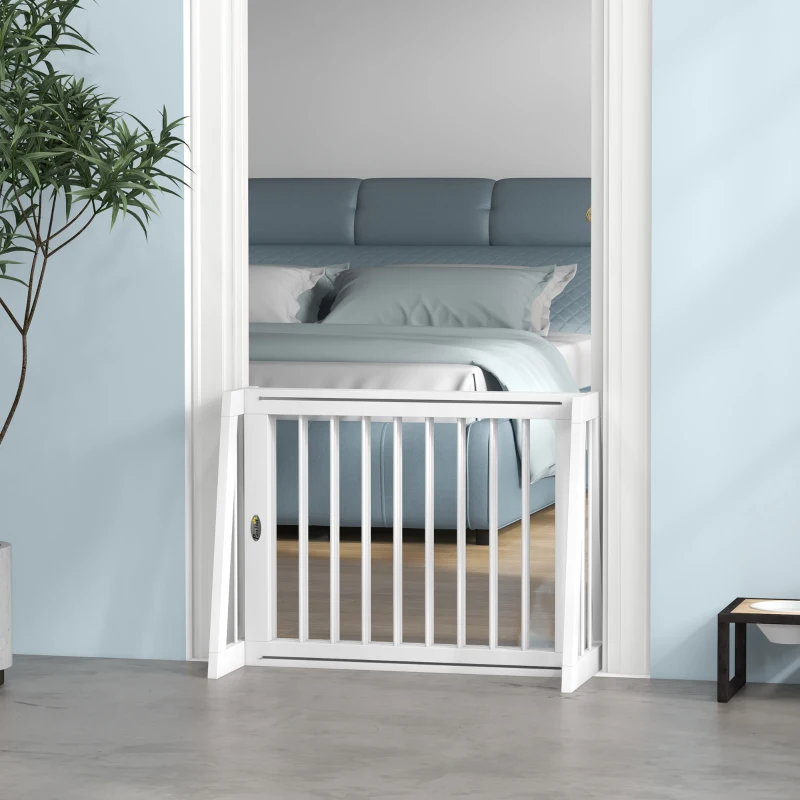 PawHut 28"-75" Freestanding Wooden Pet Gate with Support Feet & Non-Slip Mats for Indoor, Stairway, Doorway, White