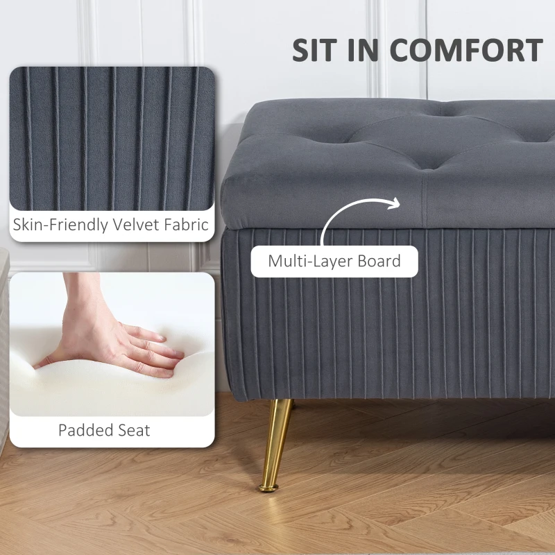 HOMCOM Storage Ottoman Bench, 43 Inch Large Storage Chest with Steel Legs and Padded Seat, Foot Rest, Load 485 lbs, Dark Grey