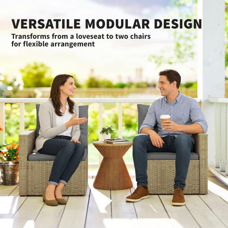 Outsunny Wicker Outdoor Sofa with Side Trays, Rattan Patio Loveseat with Cushions for Garden Balcony, Light Grey