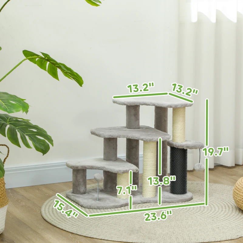 PawHut 2 in 1 Cat Tree Tower 3-Step Pet Stairs with Scratching Posts, Tickling Post, Toy Balls, for High Beds, Couch
