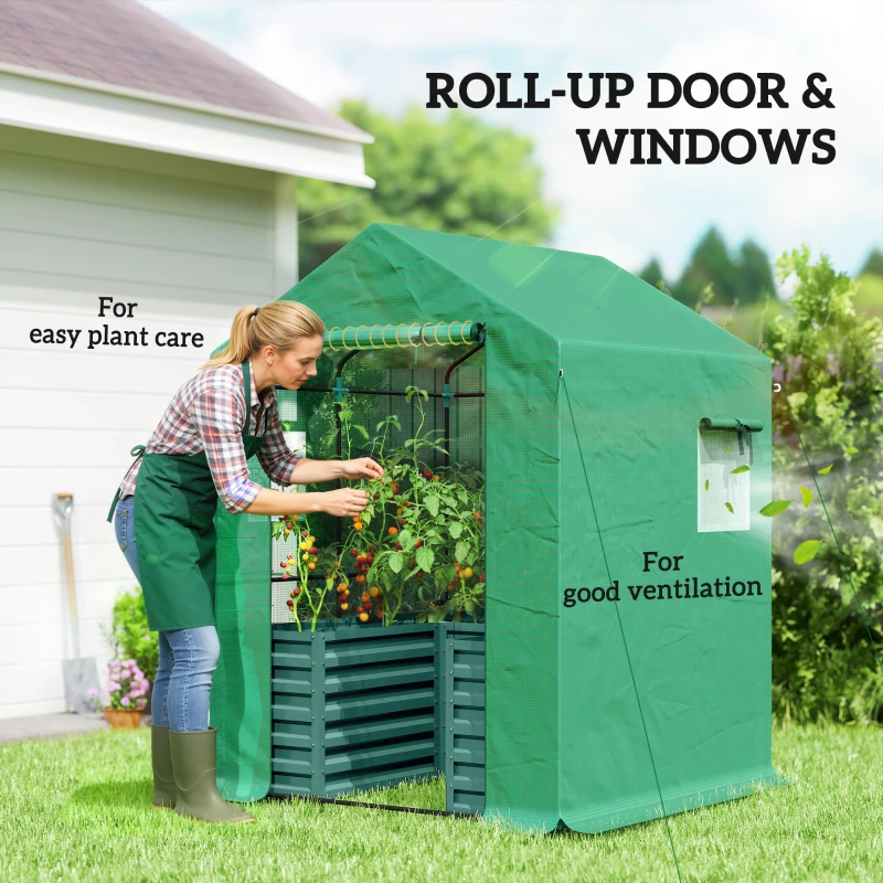 Outsunny Greenhouse with Raised Garden Bed, Galvanized Steel Outdoor Greenhouse with Roll Up Door, 56" x 56" x 75", Green