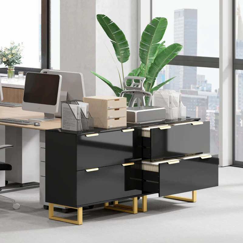 HOMCOM Lateral File Cabinet with 2 Drawers, Modern Filing Cabinet for Letter/A4/Legal Size Files, High Gloss Black
