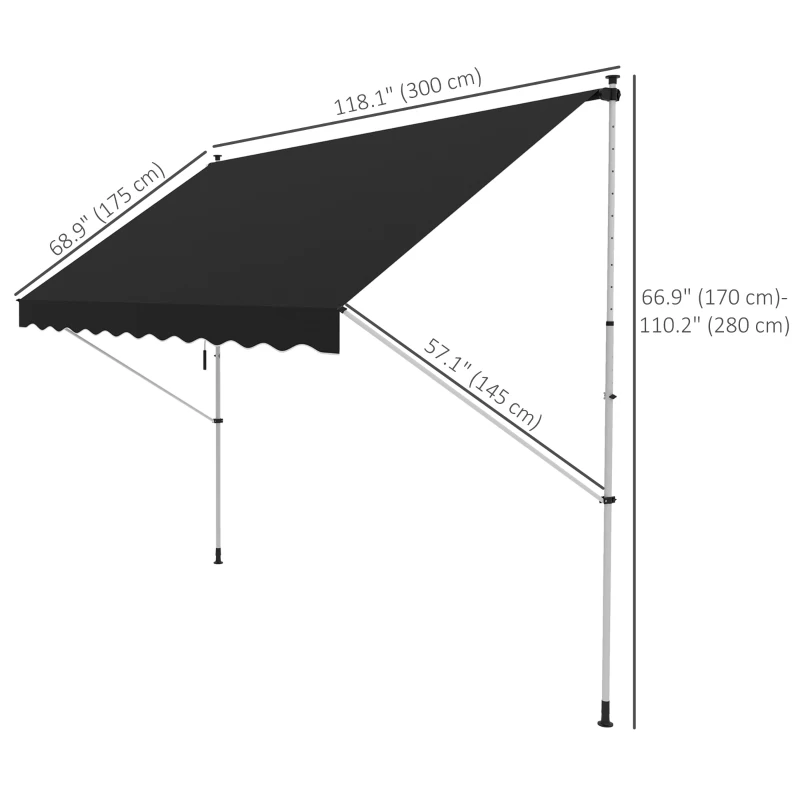 Outsunny 10x5ft Patio Sun Shade Canopy, Manual Retractable Awning with 5.6-9.2ft Support Pole for Window, Door, Porch, Black