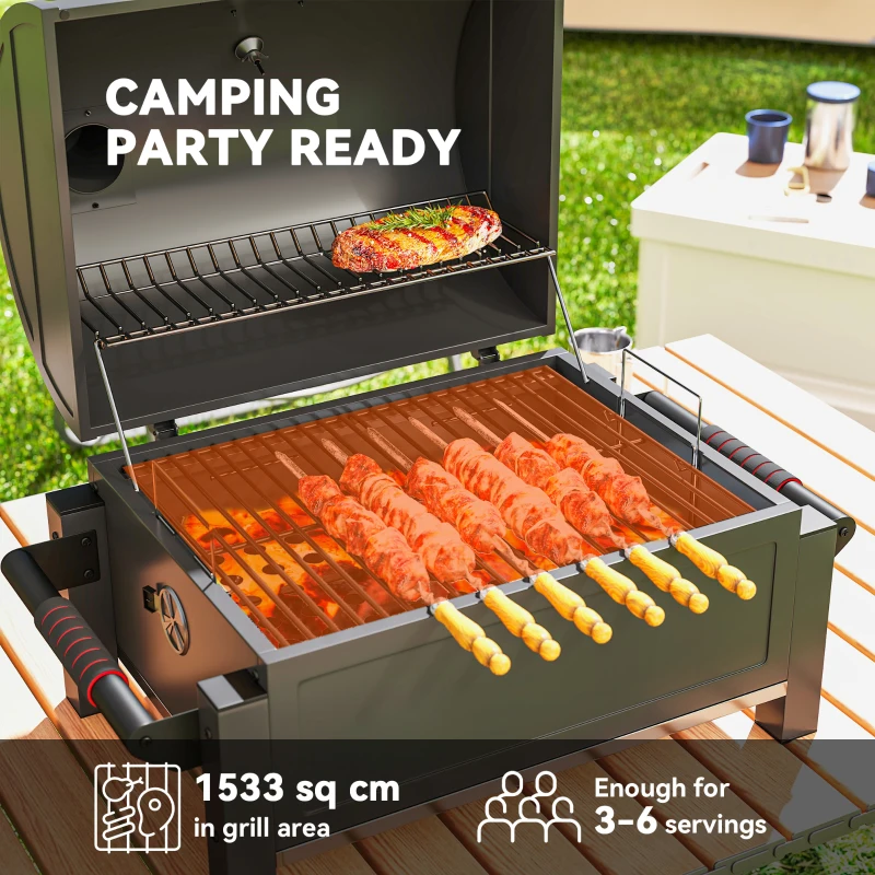 Outsunny Tabletop Charcoal Smoker, Portable BBQ with Ash Catcher and Thermometer for Backyard, Camping, Picnic, Black