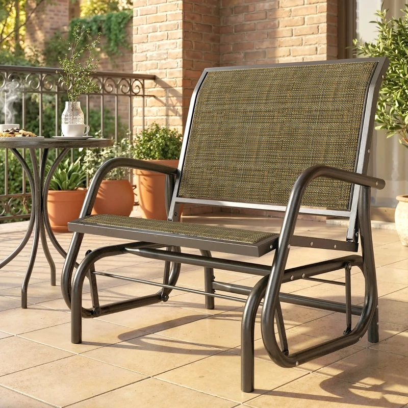Outsunny Patio Glider Outdoor Glider Chair with Breathable Mesh Seat & Backrest, Armrests and Metal Frame, Light Mixed Brown