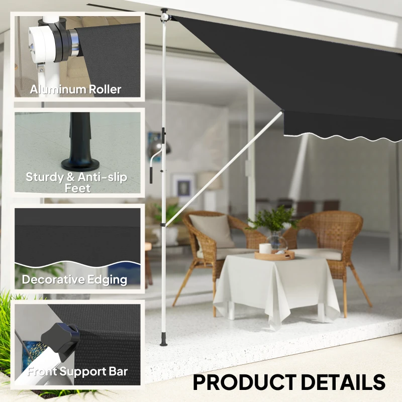 Outsunny 10x5ft Patio Sun Shade Canopy, Manual Retractable Awning with 5.6-9.2ft Support Pole for Window, Door, Porch, Black