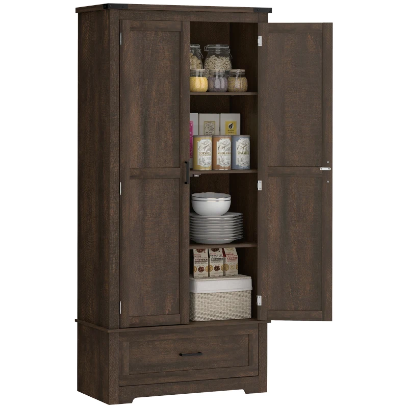 HOMCOM 69" Tall Farmhouse Kitchen Pantry Cabinet with 2 Doors, Drawer and Adjustable Shelves, Dark Brown