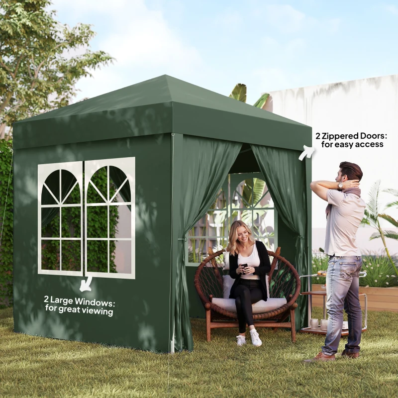 Outsunny 6.6'x6.6' Pop Up Canopy Tent with Sidewalls, Instant Sun Shelter Camping Gazebo with Carry Bag, Dark Green