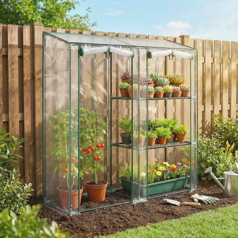 Outsunny Mini Greenhouse, Portable Greenhouse with 3 Shelves, 2 Roll-up Doors, 56.3" x 17.7" x 59.4", Clear