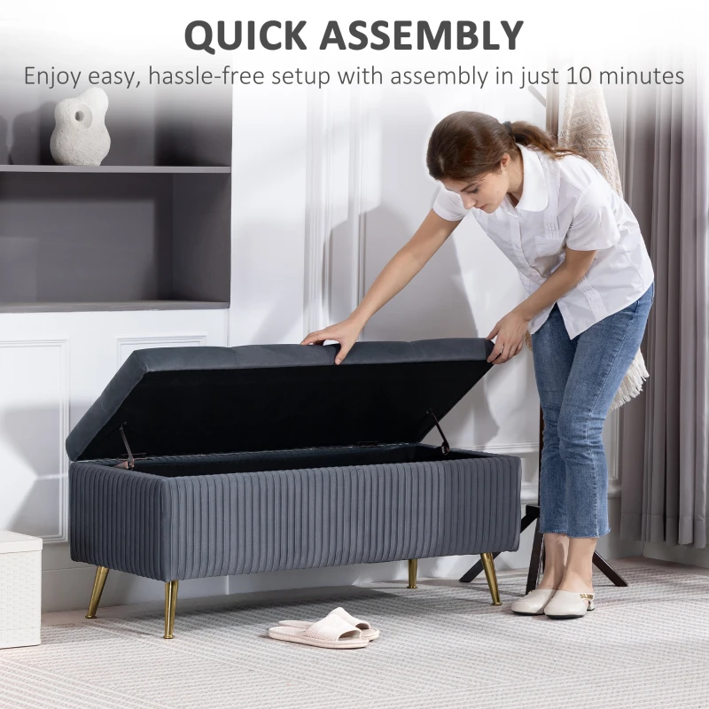 HOMCOM Storage Ottoman Bench, 43 Inch Large Storage Chest with Steel Legs and Padded Seat, Foot Rest, Load 485 lbs, Dark Grey