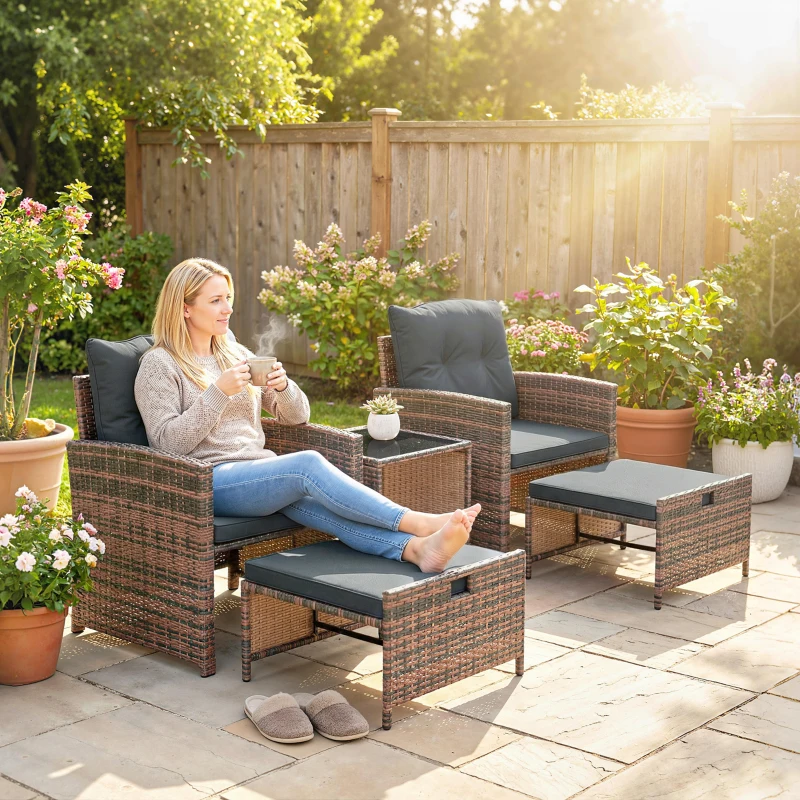 Outsunny 5 Piece Patio Furniture Set, Wicker Patio Chairs with Ottomans, 2-Tier Glass Coffee Table and Cushions, Brown/Dark Grey