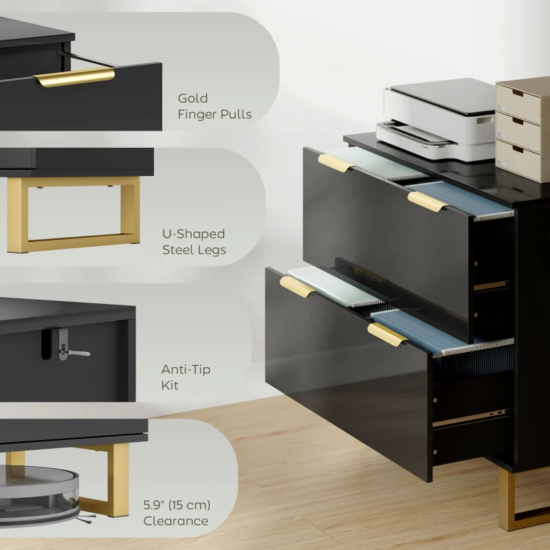 HOMCOM Lateral File Cabinet with 2 Drawers, Modern Filing Cabinet for Letter/A4/Legal Size Files, High Gloss Black