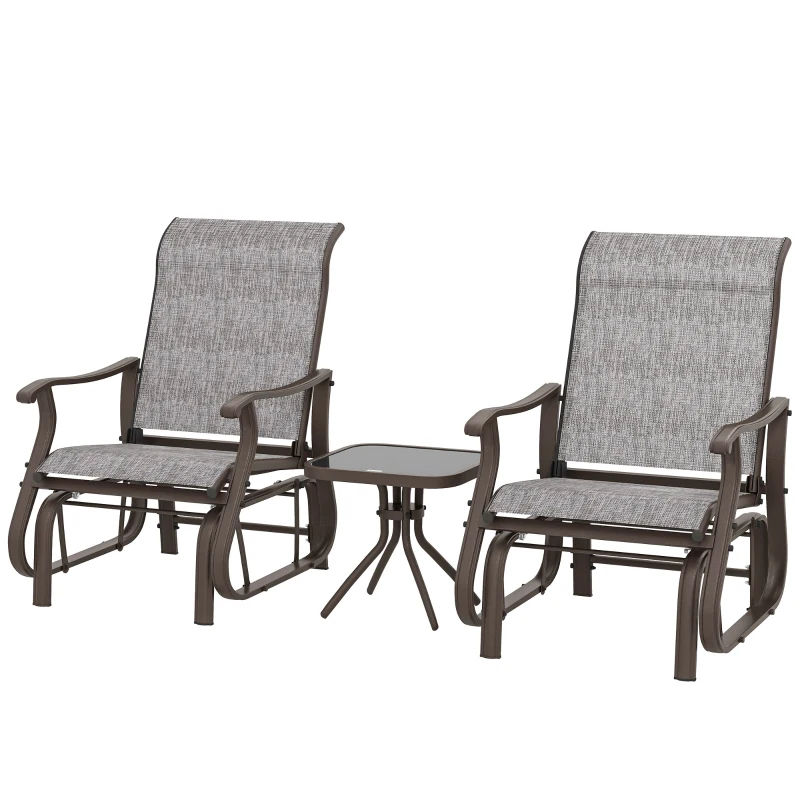 Outsunny 3PCs Gliding Rocking Chair & Bistro Tea Table Set, Grey
