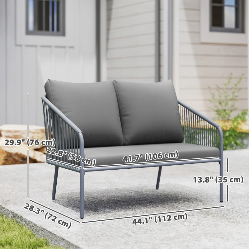 Outsunny Garden Sofa with Cushions, 2-Seater Outdoor Balcony Rattan Sofa, 112 x 72 x 76 cm, Grey