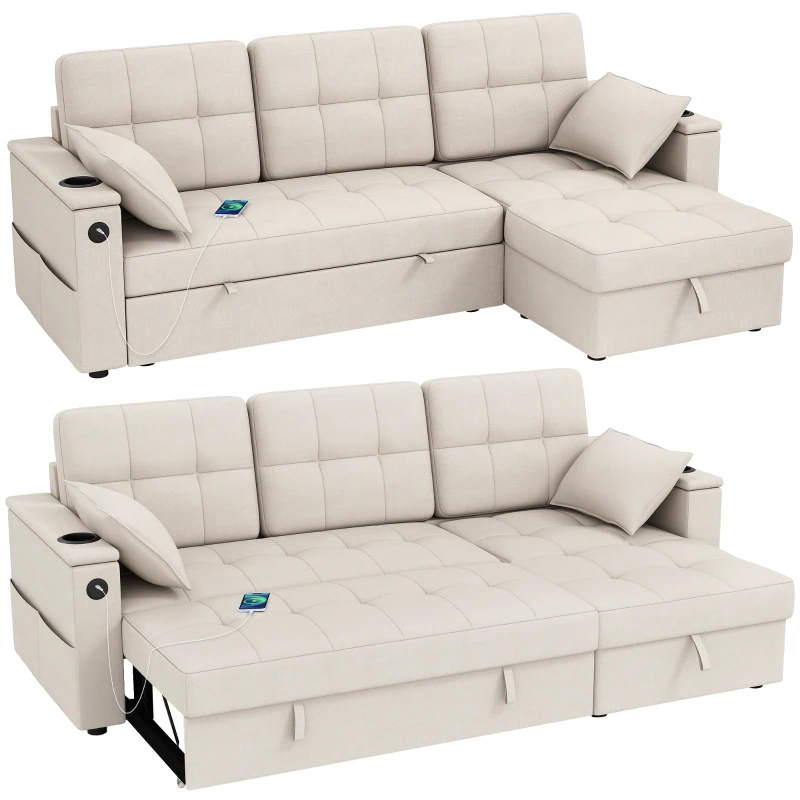 HOMCOM Convertible Sectional Sofa Bed, Pull Out Sleeper Sofa Couch with USB‑A+C, Chaise Storage, L-Shaped Futon Couch, Beige
