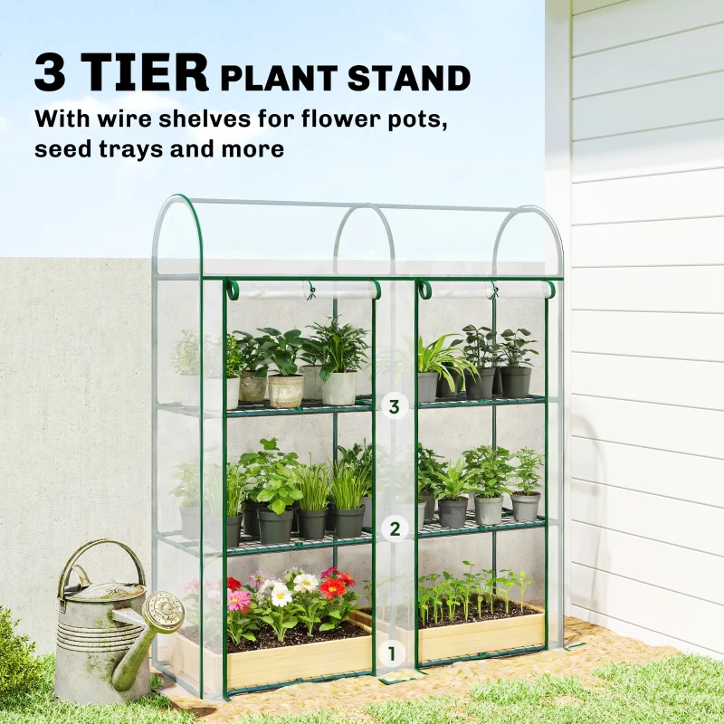 Outsunny 3 Tier Mini Greenhouse, Portable Greenhouse with 2 Roll-up Doors, 56.3" x 18.1" x 64.6", Clear