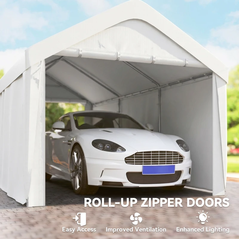 Outsunny Carport, 10 x 20 ft Portable Garage with 2 Roll-Up Doors and Removable Sidewalls for Car, Truck, Boat, White