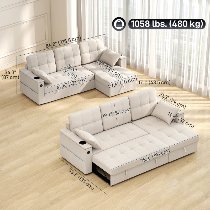 HOMCOM Convertible Sectional Sofa Bed, Pull Out Sleeper Sofa Couch with USB‑A+C, Chaise Storage, L-Shaped Futon Couch, Beige
