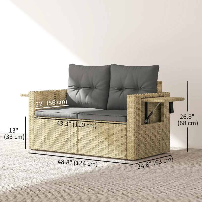 Outsunny Wicker Outdoor Sofa with Side Trays, Rattan Patio Loveseat with Cushions for Garden Balcony, Light Grey