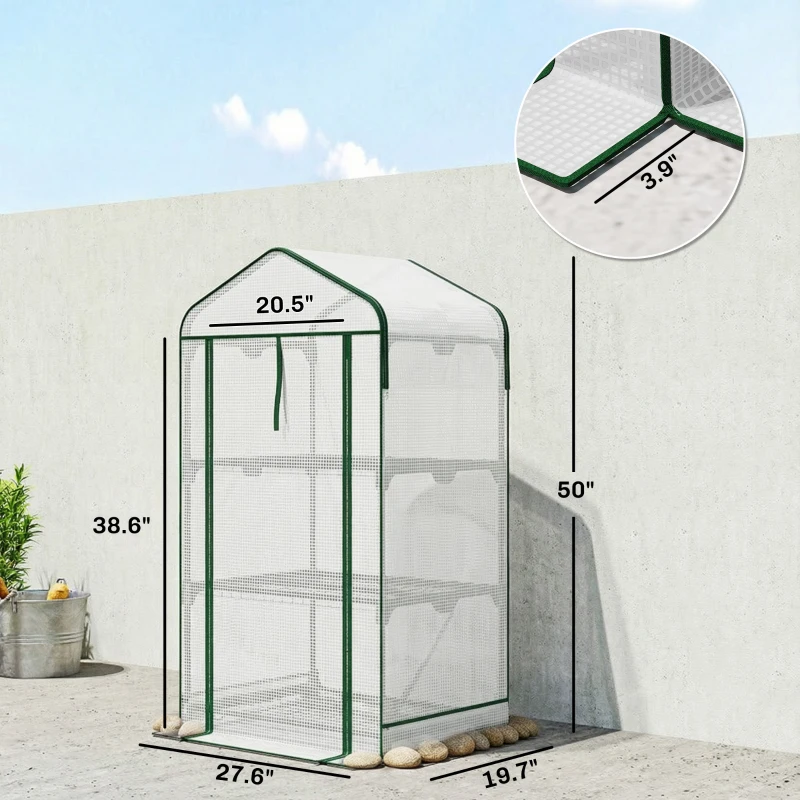 Outsunny Mini Greenhouse with Screen Roof, Portable Small Greenhouse with Roll-Up Zipper Door, 27.6" x 19.7" x 50", White